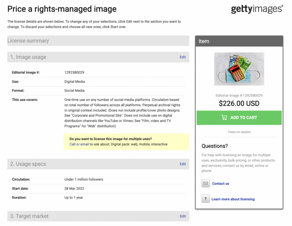 example of a price from Getty Image Licensing Calculator
