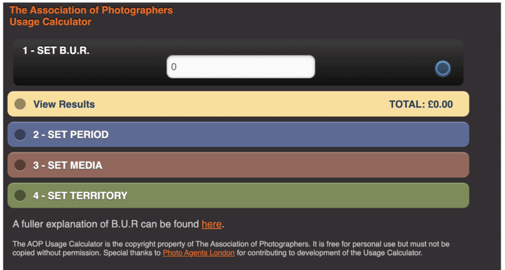 a screenshot of the AOP Usage Calculator for food photography estimates
