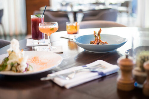 restaurant food and drinks on a table