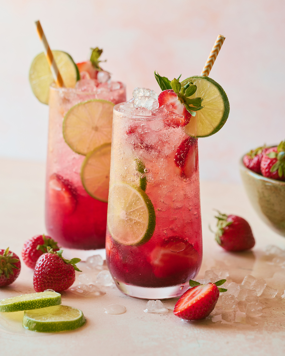 strawberry limeade on a pink background by Joanie Simon of The Bite shot
